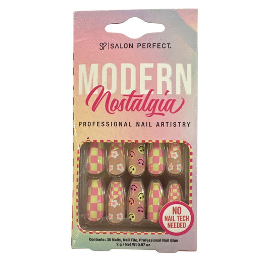 Salon Perfect 30 Nail Long Coffin Colorful Checkered+Floral+Smiley Trendy Design