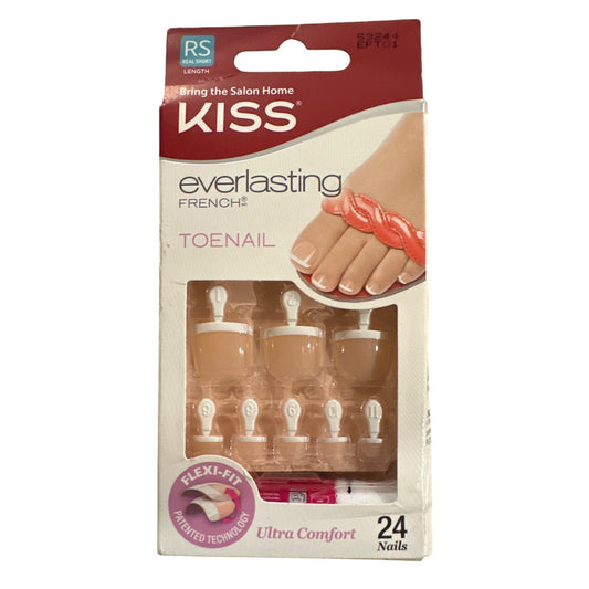 Kiss EVERLASTING 24 Nails TOENAIL Real Short Square French Tips Natural + White
