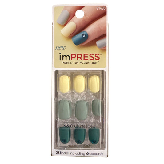 Impress FLASH MOB 30 Nails Short Square Matte Butter Yellow+Grey+Jade 6 Accents