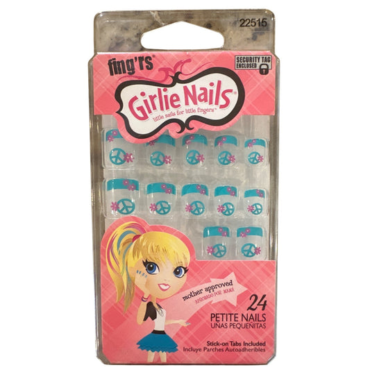 Little Fingr's GIRLIE NAILS #22515 24 Stick-On Nails PEACE SIGN+FLOWER Blue+Pink