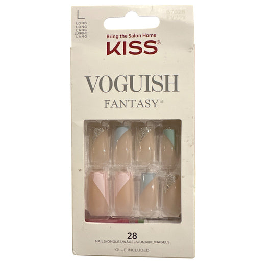 Kiss Vogueish Fantasy 28 Nail Long Coffin Shiny Peach +Pink+Green Glitter Accent