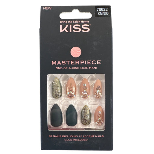 Kiss MASTERPIECE 30 Nails Long Almond Matte+Glossy Nude+Green Jewels 12 Accents