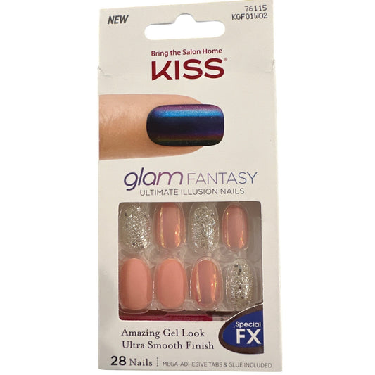 Kiss GLAM FANTASY 28 Nails Medium Almond Matte+Glossy+Irridescent Pink + Silver