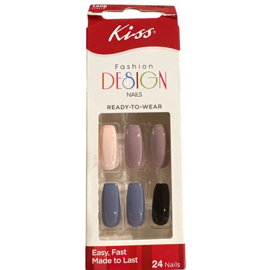 Kiss FASHION DESIGN 24 Nails Long Ballerina Shiny Pink+Azure Blue+Mauve+Black