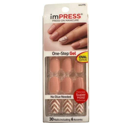 ImPRESS SHOCKING 30 Nails Medium Oval Glosy+Glitter Blush+Gold Chevron Design