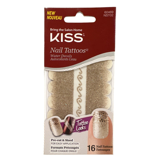 Kiss Nail Tattoos 16 Nail Stickers Gold+White Shimmer + Glitter Water Decals