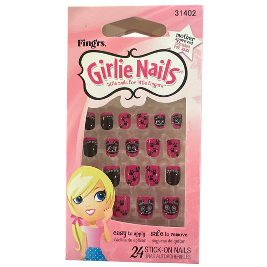 Little Fingr's GIRLIE NAILS #31402 24 Stick-On Nails DOGS+PAW PRINTS Pink+Black
