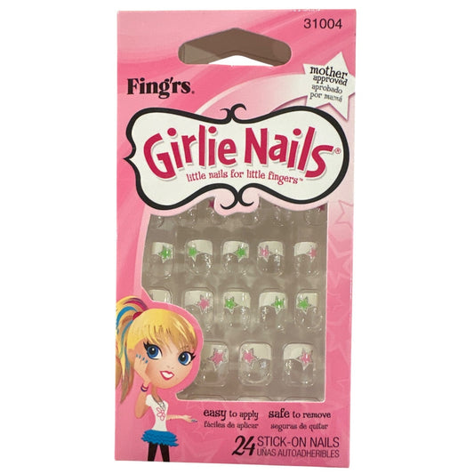 Little Fingr's GIRLIE NAILS #31004 24 Stick-On Nails STARS Green+Pink+White