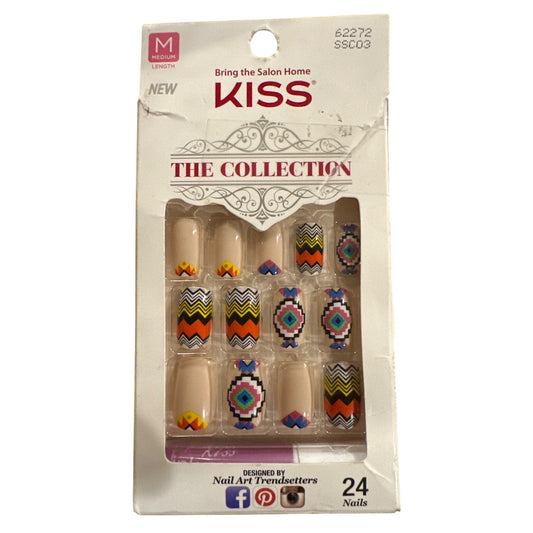Kiss THE COLLECTION 24 Nails Medium Square Shiny Beige + Multicolor Tribal Aztec