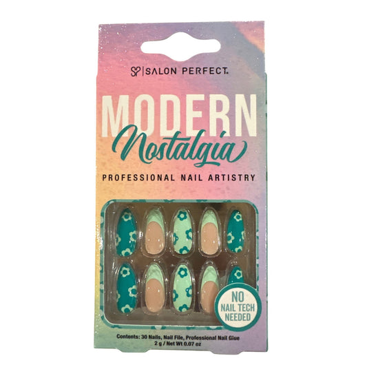 Salon Perfect 30 Nails Medium Almond French+Full Blue+Cerulean Floral Geometric