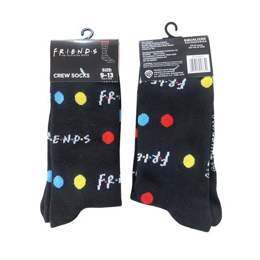 FRIENDS Men's Size 9-13 Crew Socks Black Red Yellow Blue Logo Polka Dot Design